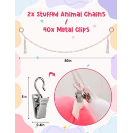 LSLYHTC 2Pcs Stuffed Animals Storage Chain, Hanging Stuffed Animal Holder with 40 Metal Clips, White Cotton Plush Toy Corner Organizer for Wall or Corner Decor, Hanging Hats, Socks, Holiday Cards