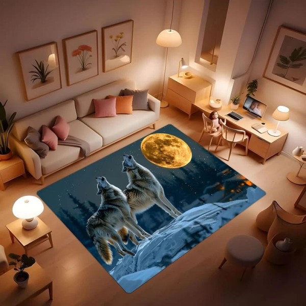 Kroveiu Wolf print pattern area rug, howling wolf under the