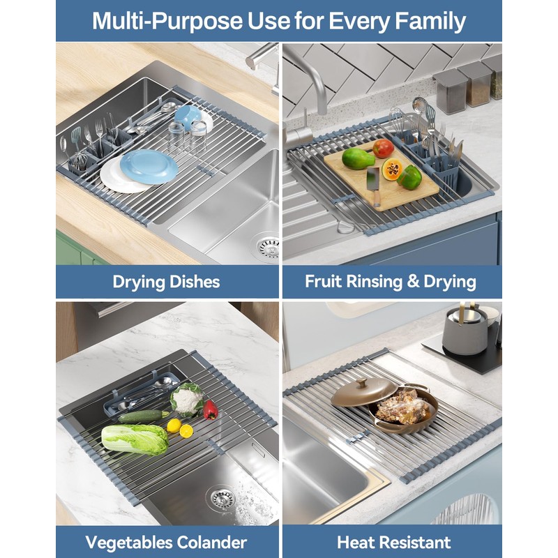 LIONONLY Expandable Roll Up Dish Drying Rack, 304 Stainless Steel