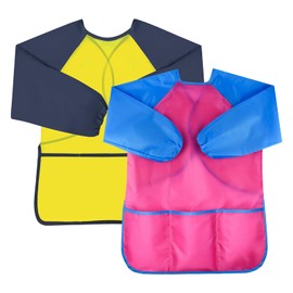 2 Pack Kids Art Smock Toddler Smocks Waterproof Artist Painting Aprons with Long Sleeve and 3 Pockets for Painting,Cooking,Eating,Arts & Crafts Childs Paint Apron for Children Ages 3-8