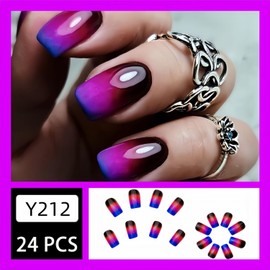 Purple Blue Gradient Press on Nails French Tip Fake Nail Full Cover Short Square False Nails Designs Glossy Artificial Nails Stick on Nail for Women and Girls Women DIY Manicuare 24 Pcs