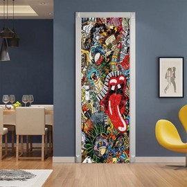 Door Sticker, Peel and Stick Vinyl Door Decals, Self-Adhesive Mural for Home Decor, 30.3" W x 78.7" L, Set of 2 Sheets, Hip-hop Graffiti