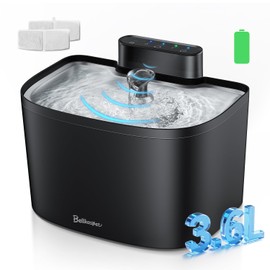 Bellkaspet Cat Water Fountain, 122oz/3.6L Pumpless Cat Fountain, Cordless Water Fountains for Cats Indoor, Dog Pet Water Fountain Battery Operated with Stainless Steel Tray (Black, Fountain+2 Fliters)