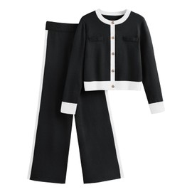 LILLUSORY Womens 2 Piece Sets Lounge Matching Two Piece Outfits Cardigan Sweaters Tops and Wide Leg Pants 2025 Fall Fashion Clothes Airport Loungewear Knit Comfy Tracksuit Black S