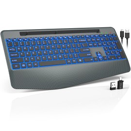Wireless Keyboard with 7 Colored Backlit, Wrist Rest, Phone Holder, Rechargeable Ergonomic Computer Keyboard with Silent Key, Full Size Lighted Keyboard for Windows, MacBook, PC, Laptop (Gray)