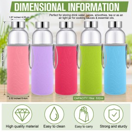 Vesici 12 Set 18 oz Clear Glass Water Bottles, Reusable Glass Juicing Bottles with Protection Sleeve and Stainless Steel Leak Proof Lids for Milk Smoothie Juice Beverage Tea (Colorful,Low Profile)