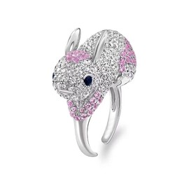 IMINI Rhinestone Rabbit Open Statement Ring for Women Girls Pink Crystal CZ Cute Pet Animal Bunny Engagement Promise Ring Finger Band Wedding Bands Expandable Lovely Jewelry Gifts Easter