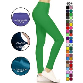 Leggings Depot Women's 3" Waistband Yoga High Waisted Solid Leggings Pants (Full Length, Kelly Green, Large)