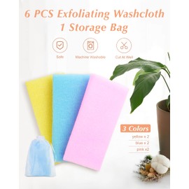 6 paños exfoliantes, 35 pulgadas, 3 colores, toalla exfoliante de baño de nailon para ducha, toalla japonesa colorida, exfoliante corporal (azul, amarillo, rosa)