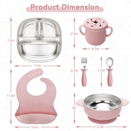 MISSLILI Stainless Steel Toddlers Plate and Bowl set | Baby Weaning Bundle | Comes with Detachable Silicone Baby Feeding Set | Baby cutlery set (Pink)