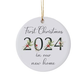 First Christmas in our New Home Tree Ornament Housewarming Gift Keepsake Ceramic Decoration with Holly Design Bauble (2024)