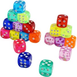 Set of 20 6 Sided Dice 14mm Round Corner Clear Dice in 10 Colors (Red, Shallow Blue, Orange, Yellow, Purple, Dark Blue, Rose, Pink, Fluorescent Green, Yellow)