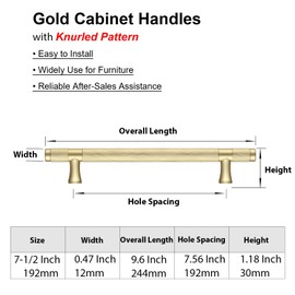 AITITAN 10 Pack Gold Kitchen Handles - Knurled, 192mm Hole Spacing (245mm Length), Cupboard, Wardrobe and Drawer Handles