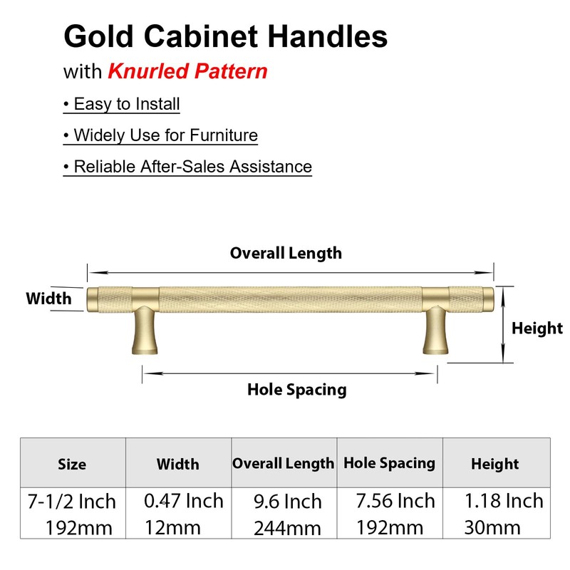 AITITAN 10 Pack Gold Kitchen Handles - Knurled, 192mm Hole