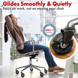 Office Chair Wheels Replacement Set - Soft Desk Chair Casters for Wood Hardwood Floors & Carpet - Heavy Duty & Safe For All Floors Without Chair Mats - Fits 98% Computer Gaming & Office Chairs - Black