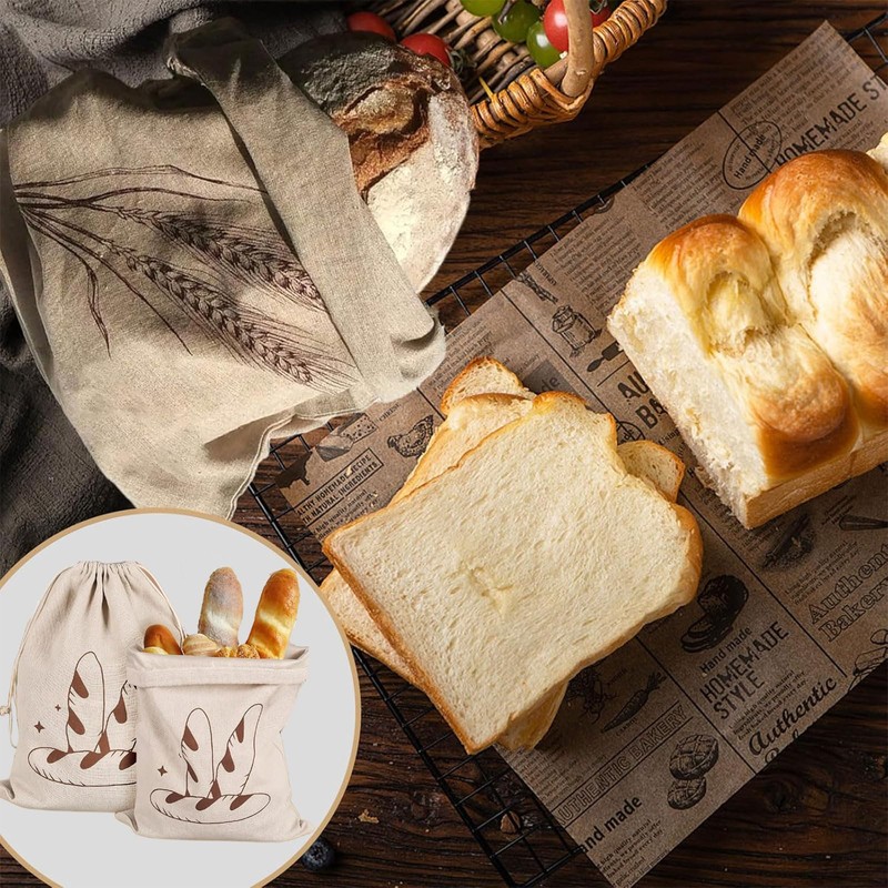 MYTOAU 3 Pcs Linen Bread Bags, Unbleached Bread Storage Bags,