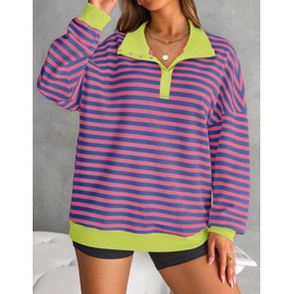 ZESICA Sweatshirts for Womens Long Sleeve Lapel V Neck Striped Oversized Tops,BluePink,Large