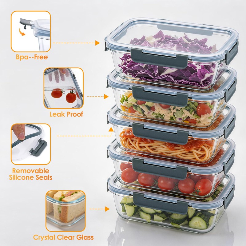 KEKEGO 5Pack 22oz Glass Storage Containers with Lids, Glass Meal