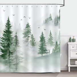 Bonhause Shower Curtain Misty Forest Mountain Green Tree Nature Shower Curtains 180 x 180 cm Anti-Mould Waterproof Polyester Fabric Washable Bathroom Curtain for Bathroom with 12 Hooks