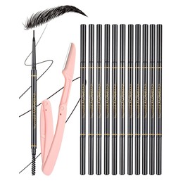 SUMEITANG Black Eyebrow Pencils for Women, 12Pcs Ultra Slim Eyebrow Pencil with 2 Brow Razors Kit, Double Head 1.5mm Micro-Fine Tip & Spiral Brush, Can Draw Fine and Long-Lasting Brows Makeup