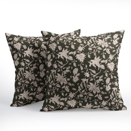 Dark Green Floral Block Print Throw Pillow Covers 18x18 Inch Set of 2 Vintage Boho Cottage Spring Fall Decor Cushion Cover Neutral Accent Modern Pillowcase for Home Bedroom Sofa Couch