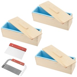 3PCS 42 oz Blue Silicone Soap Molds with 2 Cutters, Flexible Rectangular Silicone Loaf Soap Making Molds Kit with Wooden Box and Lid, DIY Tool Set for Soap Making Supplies