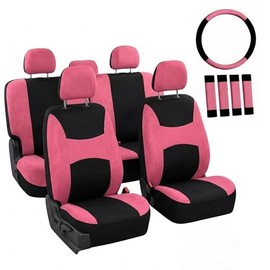 FH GROUP FB030PINK-COMBO Seat Cover Combo Set with Steering Wheel Cover and Seat Belt Pad (Airbag Compatible and Split Bench Pink)