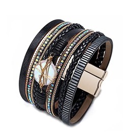 Multilayer Bohemian PU Leather Wrap Bracelet Bangle Evil Eye Infinity Crystal Rhinestone Bead Heart Wristband Bracelet for Women Men Boho Cuff Jewelry Gift-J black