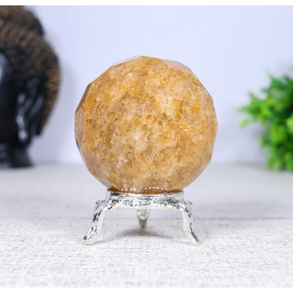 Crocon 50mm Camel Jasper Diamond Cut Stone Sphere Ball with Metal Stand 1400+ Carats Gemstone Ball Healing Ornament Rock Sphere Sculpture Figurine for Fengshui Divination Crystal Home Decor
