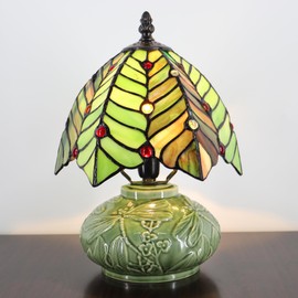 LXHCYOU Small Tiffany Lamp Mushroom Table Lamp, Mini Stained Glass Desk Light Memory Sympathy Ceramic lamp 8X11 Inch (Brown Green Leaf)