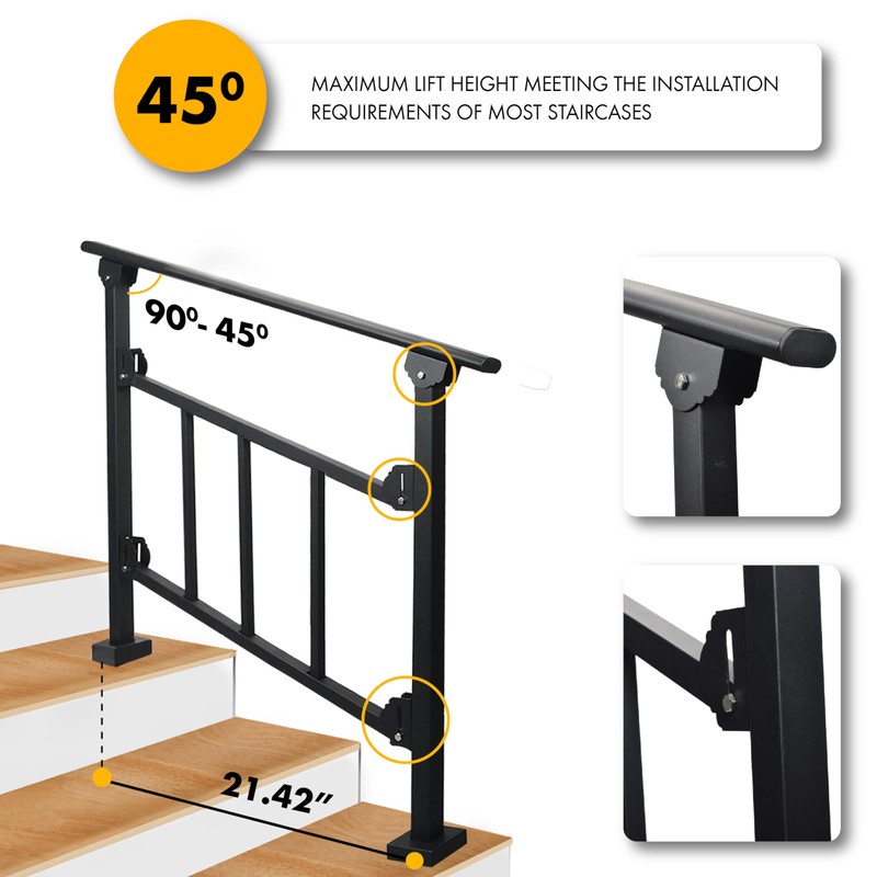 Upgrade 3 Steps Black Handrail & Indoor Stair Railing Kit,