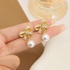 Gold Pearl Bow Earrings for Women Ribbon Dangle Drop Stud