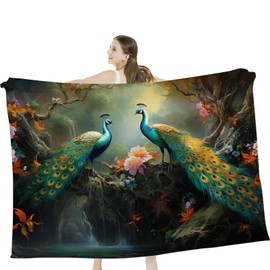 Peacock Blanket Beautiful Birds Throw Blanket Cozy Plush Fleece Flannel Flower Blankets Lightweight Fuzzy Gifts for Girls Boys Women Men 50"X40"