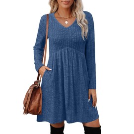 OFEEFAN Plus Size Dresses Womens Sweater Dress Party Dresses Fashion Clothing Long Sleeve Tunic Dress Fall Deals Cowboy Chic Italian Church Blue XL