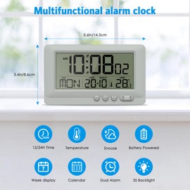AMIR Travel Alarm Clock Battery Operated, LCD Display Digital Clock, 5-Minute Snooze, 5-Second Backlight, 2 Alarms, Low Battery Alert, Alarm Clock for Bedroom,Travel-Grey (Batteries Not Included)