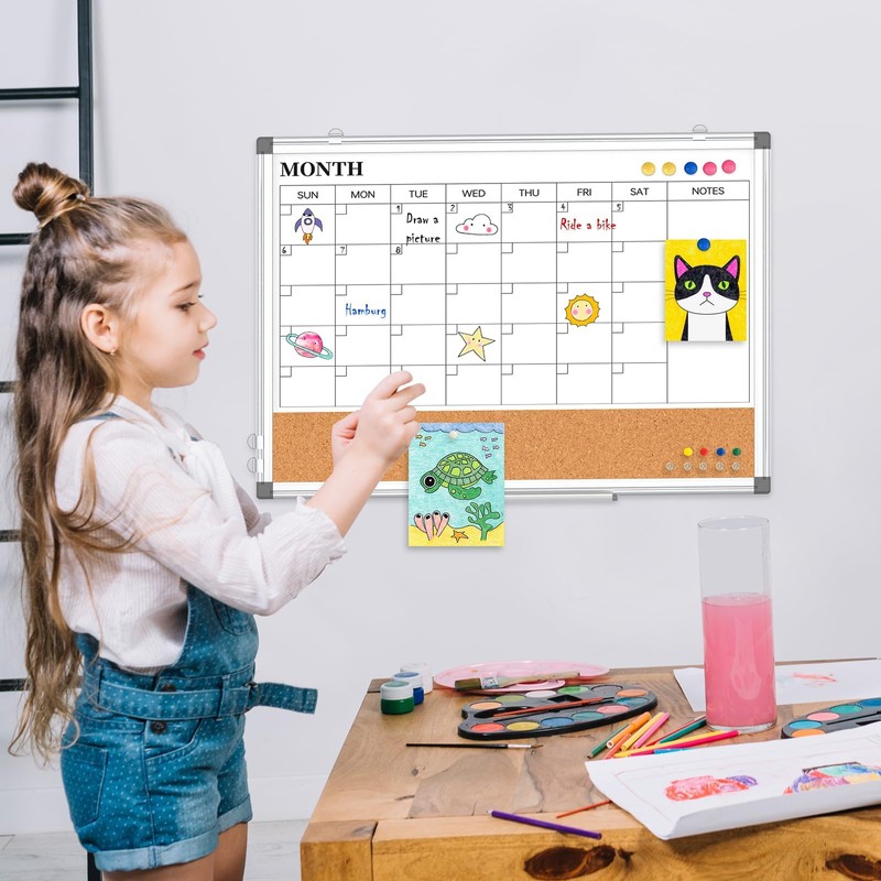 Monthly Calendar Whiteboard Dry Erase Cork Board Combo for Wall,