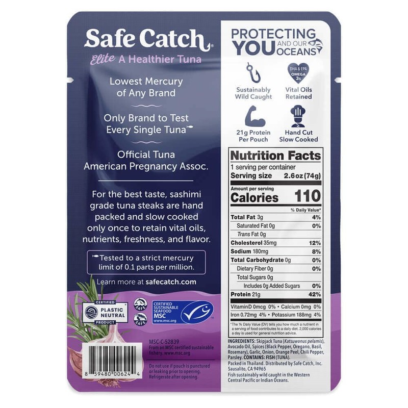 Safe Catch Elite Lowest Mercury Wild-Caught Tuna Fish Pouch, Garlic