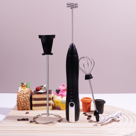 Find-In-Find Rechargeable Milk Coffee Wand with Stand, Handheld Electric Foam Maker, Detachable Stainless Steel Whisk Frother for Coffee, Drink Mixer for Lattes, Cappuccino, Matcha, Egg, (Black)