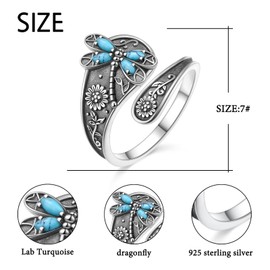 Adjustable Lab Turquoise Dragonfly Ring for Men Women 925 Sterling Silver Oxidation Antique Floral Jewelry Sunflower Spoon Rings Inspirational Band Ring