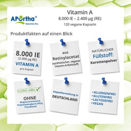 APOrtha® - Vitamin A 8,000 IU (2,400 μg) - 120 Vegan Capsules, High Dose and Easy to Swallow, Made of Retinyl Acetate, Allergy-Free, Vegan, Gluten-Free