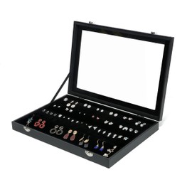 Black Velvet Earrings Organizer Tray with Transparent Glass lid Earrings Storage Box Earrings Jewelry Display Case Jewelry Organizer With Clear Lid Earrings organization for Girls Women