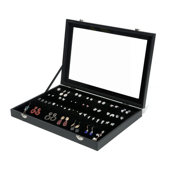 Black Velvet Earrings Organizer Tray with Transparent Glass lid Earrings