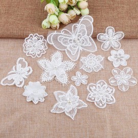 Iron-On Patches for Clothes, Pack of 12 Lace Organza Beads Flowers Embroidered Appliqués Patches for Iron-On Sewing Lace Flowers Sew-On Embroidery Patches for Decorating