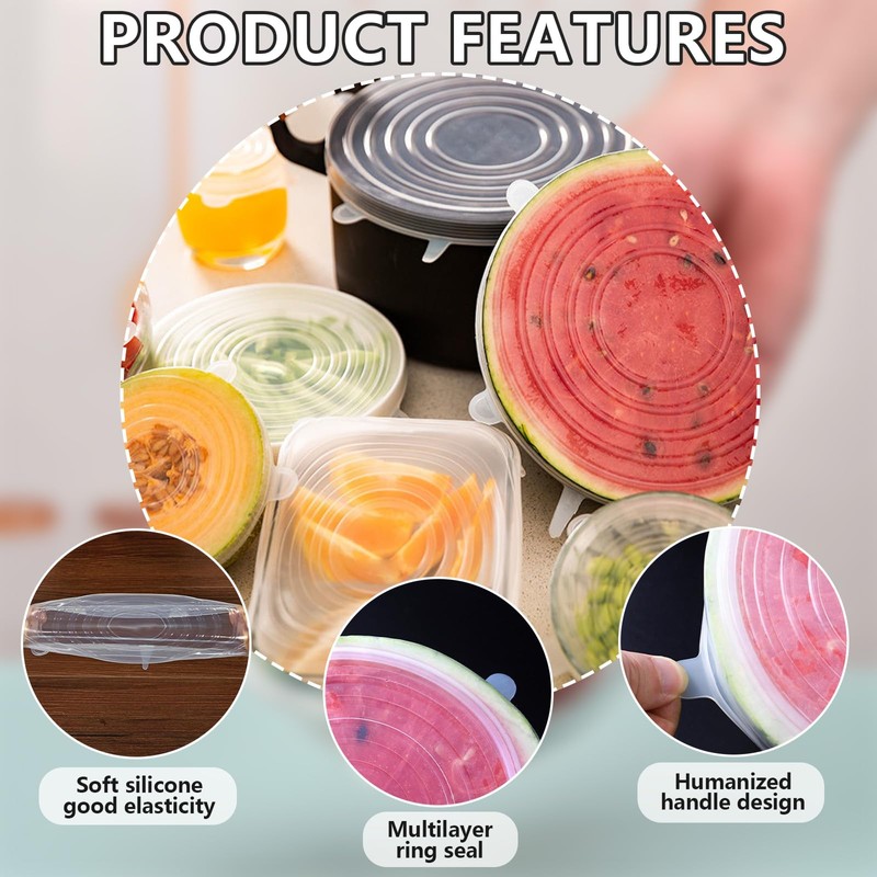 12 Pcs Rectangular Silicone Food Covers, 6 Sizes Reusable Leftover