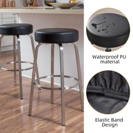 NICENEEDED 2 PCS 14-15 Inch Bar Stool Covers Round, Black Leather Waterproof Washable Seat Slipcover, Non Slip Elastic Seatcover for Bar Kitchen Dining Room