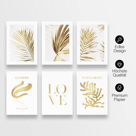 Print4Look Love Gold Wall Pictures Living Room Palm Trees Poster Set White Gold Wall Decoration Pictures Bedroom Decoration Hallway Office (6 x DIN A4 (21 x 29.7 cm))