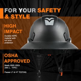 LOHASTAR Full Brim Hard Hat Construction OSHA Approved Vented Hard Hat Cascos De Construccion Adjustable Work Safety Helmet for Men and Women （Matte Black