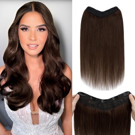 Benehair One Piece Clip in Hair Extensions Real Human Hair 3/4 Full Head V Shaped Weft Thicker Hair Lace Net One Piece Hair Extensions with 5 Clips (18"-70g #4 Medium Brown)