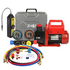 PB Motor Tech Vacuum Pump & Gauge Set - 4.5 CFM Pump with 4 Way Aluminum Manifold Gauge, Leak Detector & PVC Storage Case - Ideal for AC Maintenance, Fits R22, R134A & R410A Refrigerant