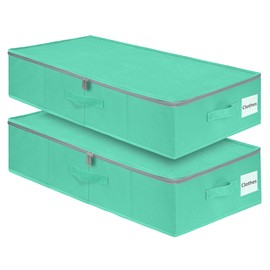 punemi 2-Pack Under Bed Storage Containers, 6.7 Inches Tall Underbed Clothes Storage Organizer Bin with Sturdy Sidewalls/Bottom, Underbed Storage Bins 2 Storage Thin Bins with Handles, Teal Blue